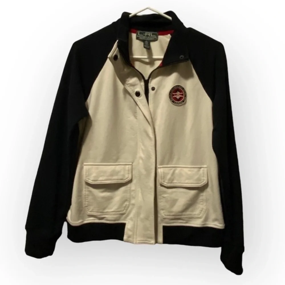 Lauren Ralph Lauren Jacket Black and Cream Womens Size M Full Zip Flap Pockets
